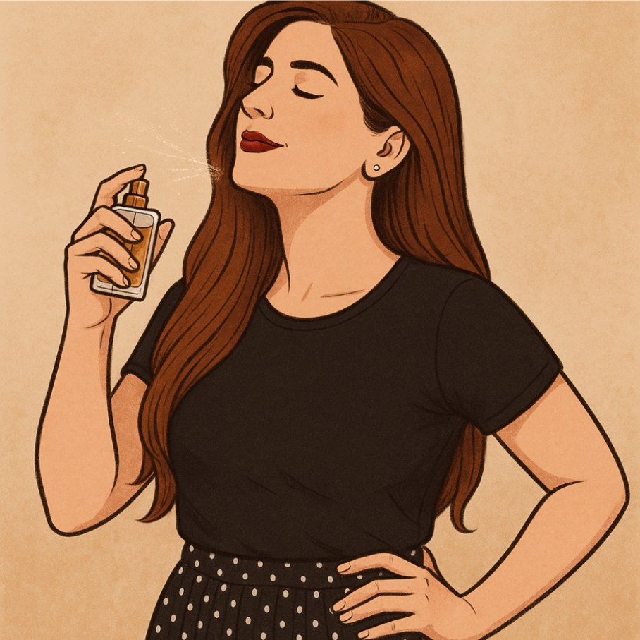 Ilustração de uma mulher aplicando perfume